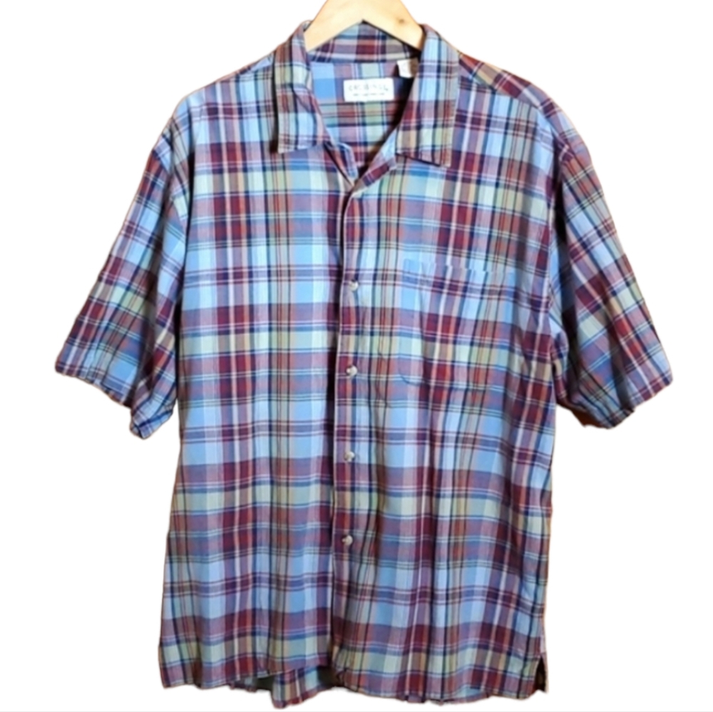 👕 CROSSINGS XL/XG BLUE & BURGANDY PLAID SHORT SLEEVE BUTTON DOWN SHIRT